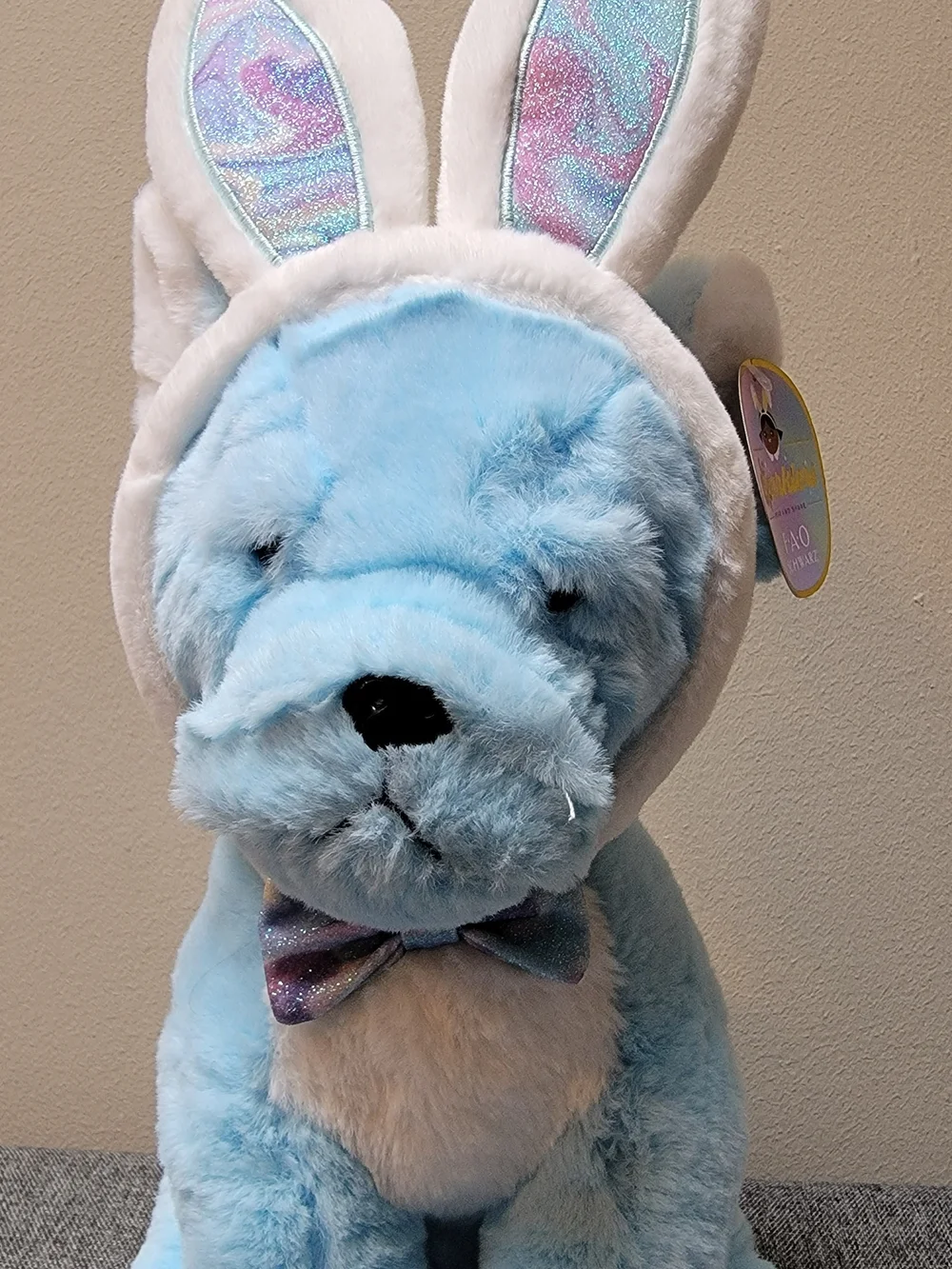 FAO Schwarz Light Blue and White Plush Puppy with Bunny Ears